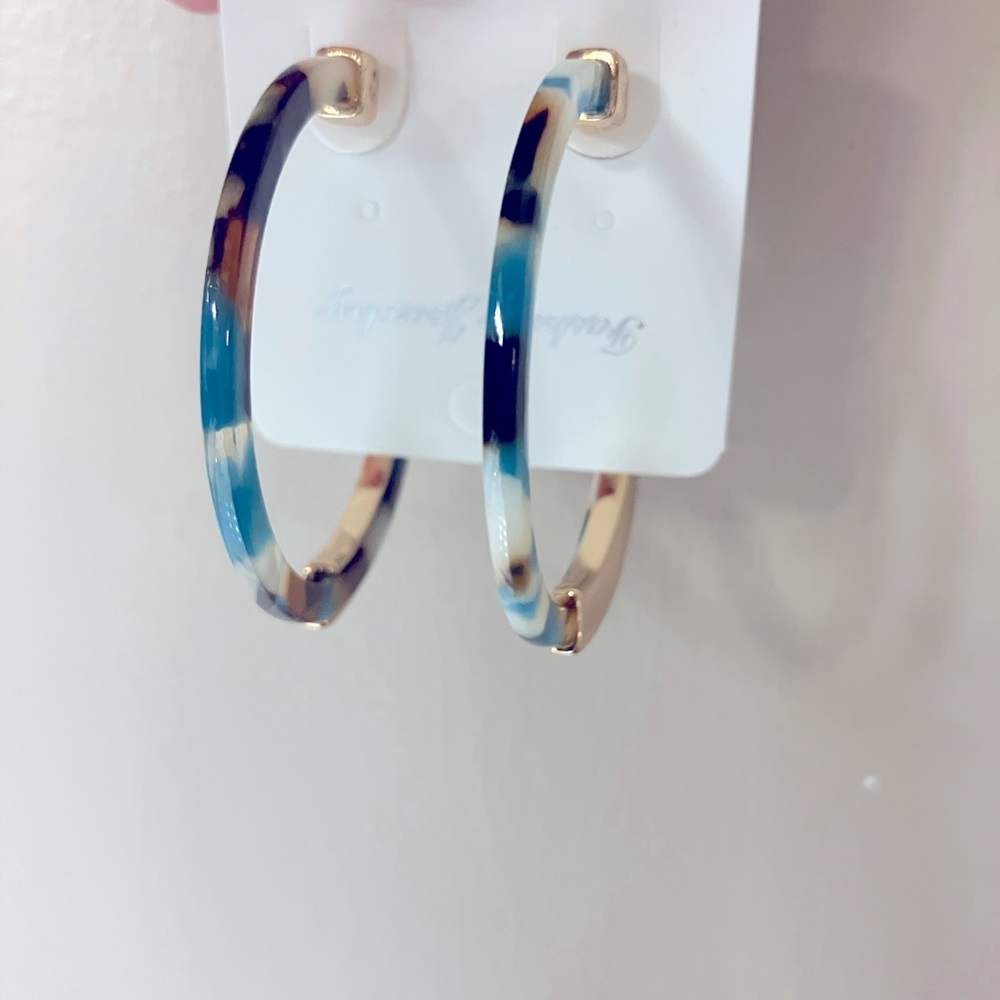 NEW Hoop 2 inch Earrings Blue/White Tortoise